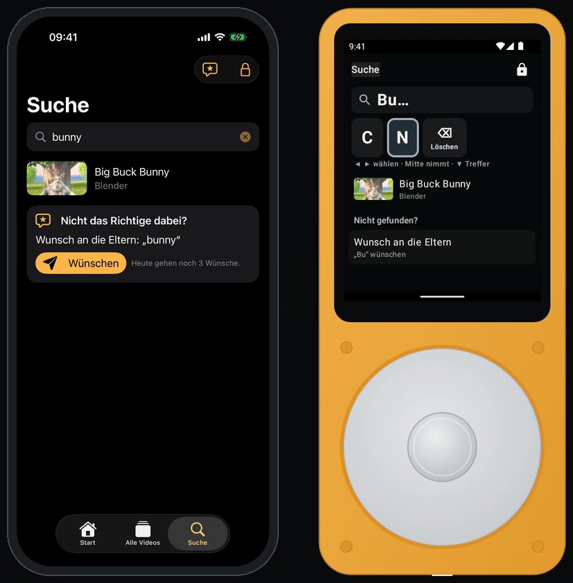 SideTube on iPhone and SidePhone: search limited to approved content, with a wish to the parents; on the SidePhone, letters are picked with the wheel